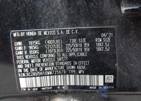 2021 Honda Hr-V 2Wd Sport из США, поврежденный, VIN 3CZRU5H10MM725679